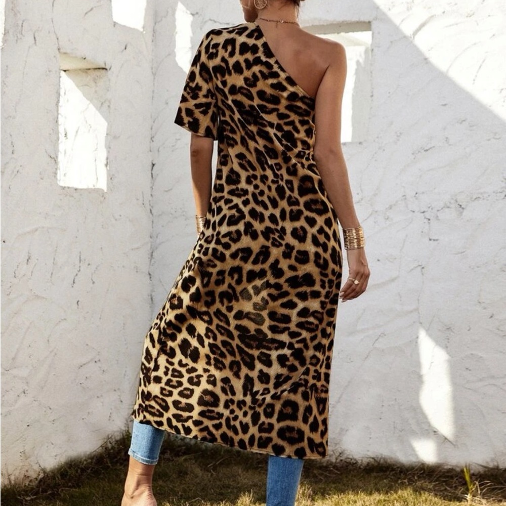 One Shoulder Leopard Print Asymmetrical High Low Tunic Top Blouse Shirt - Picture 2 of 7